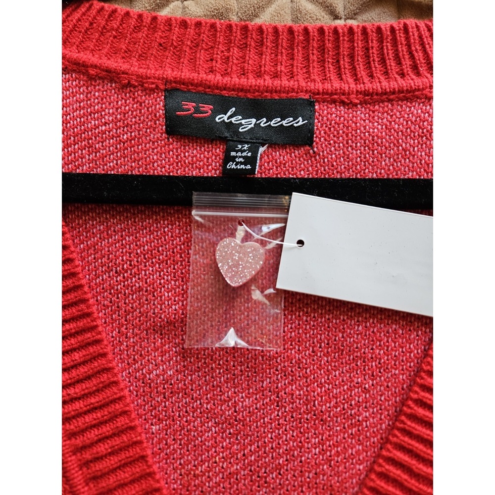 NWT 33 Degrees Red Knit Cardigan Sweater W/Pink Hearts and Sparkly Buttons, 3X - Picture 4 of 7
